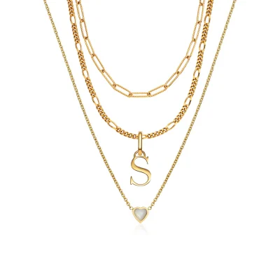 Mini Heart Birthstone & Initial Layered Necklace Set (Gold)